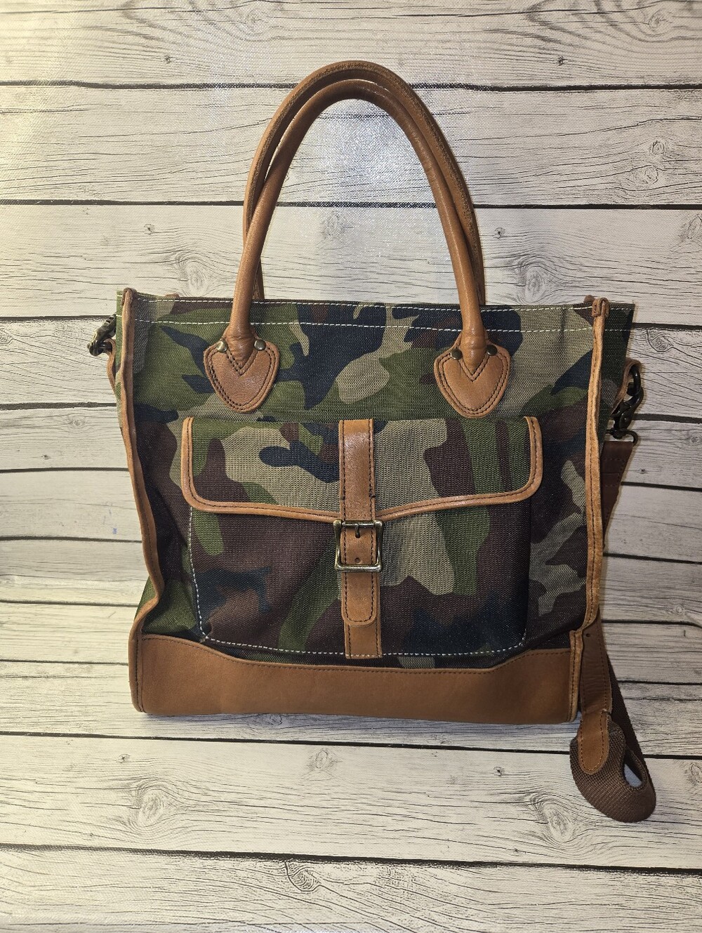 L.L. Bean Camouflage Canvas Tote with Brown Leather Trim